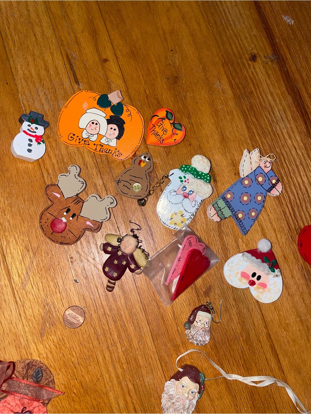 Assorted Holiday Wooden Pins Ornaments  - Santa, Snowman, Reindeer, Pumpkin